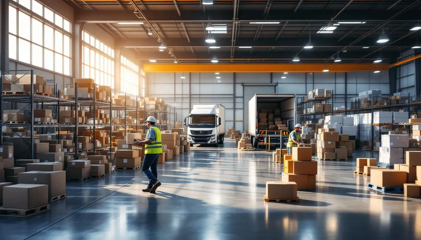 Almacén logístico moderno con trabajadores eficientes