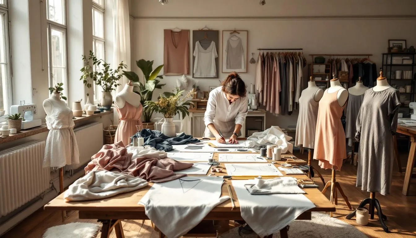 Estudio de costura luminoso con patrones variados