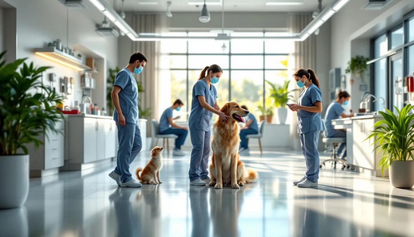 Clínica veterinaria moderna con personal y animales