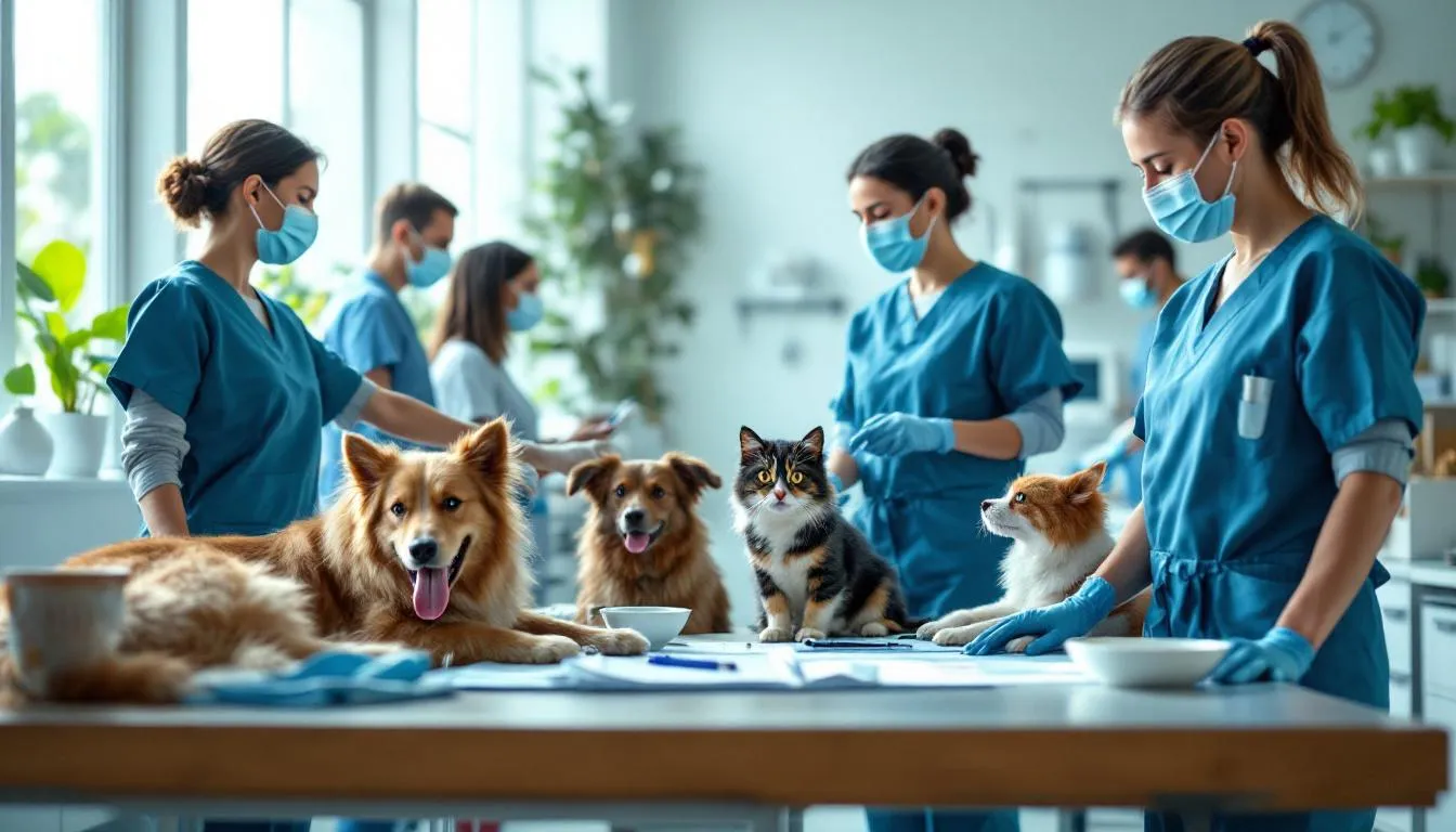 Clínica veterinaria moderna con equipo profesional