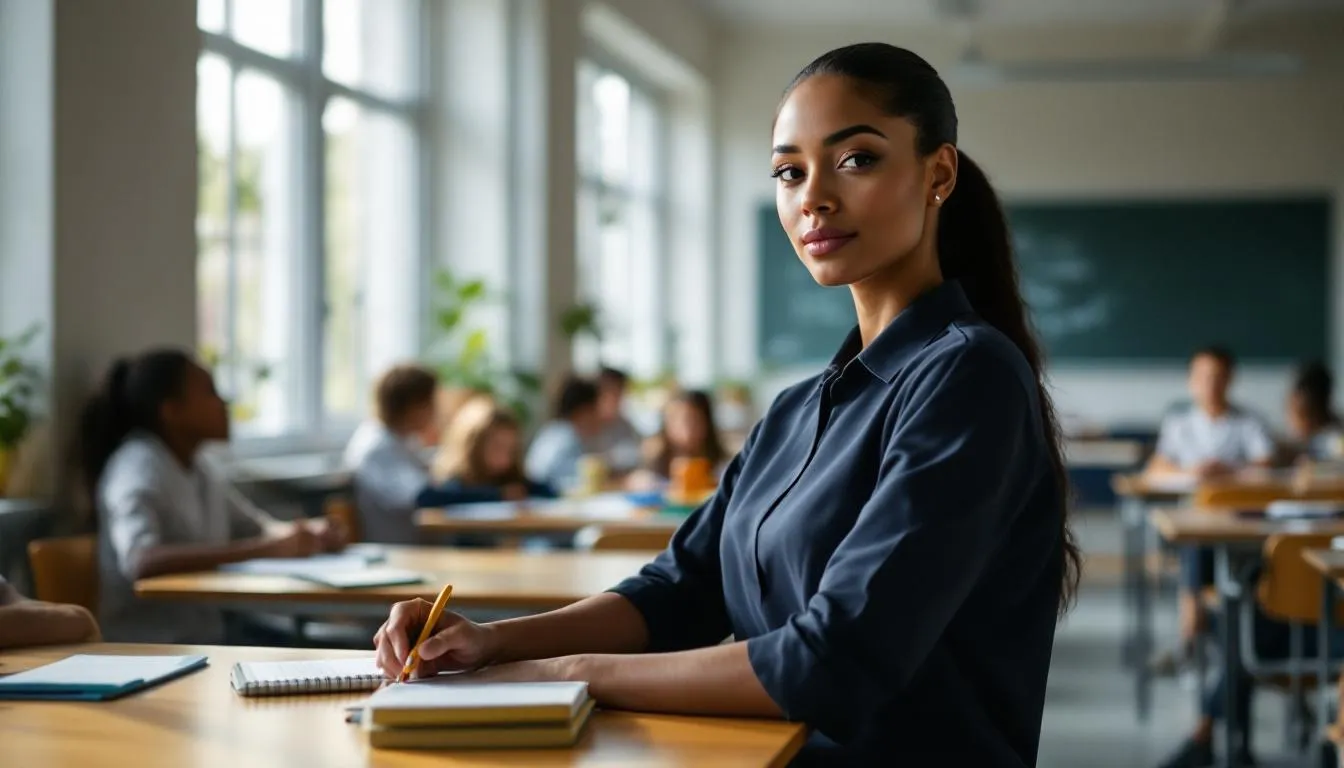 Aula moderna con profesoras y estudiantes activos