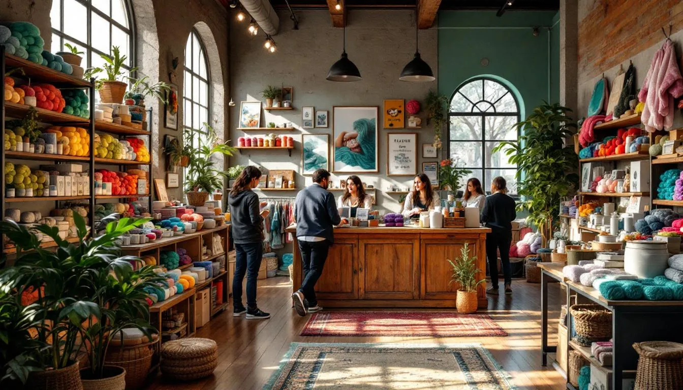 Interior acogedor de tienda de lanas en