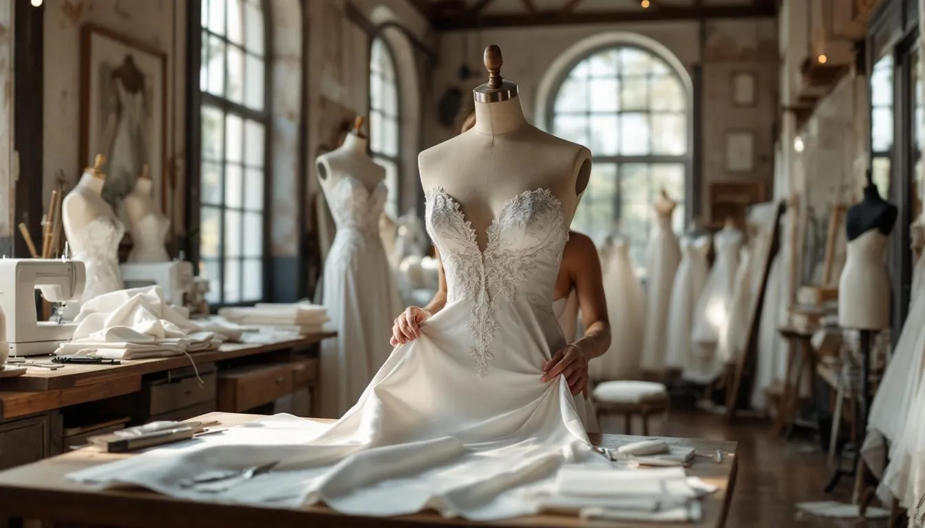 Atelier nupcial con vestido de novia elegante