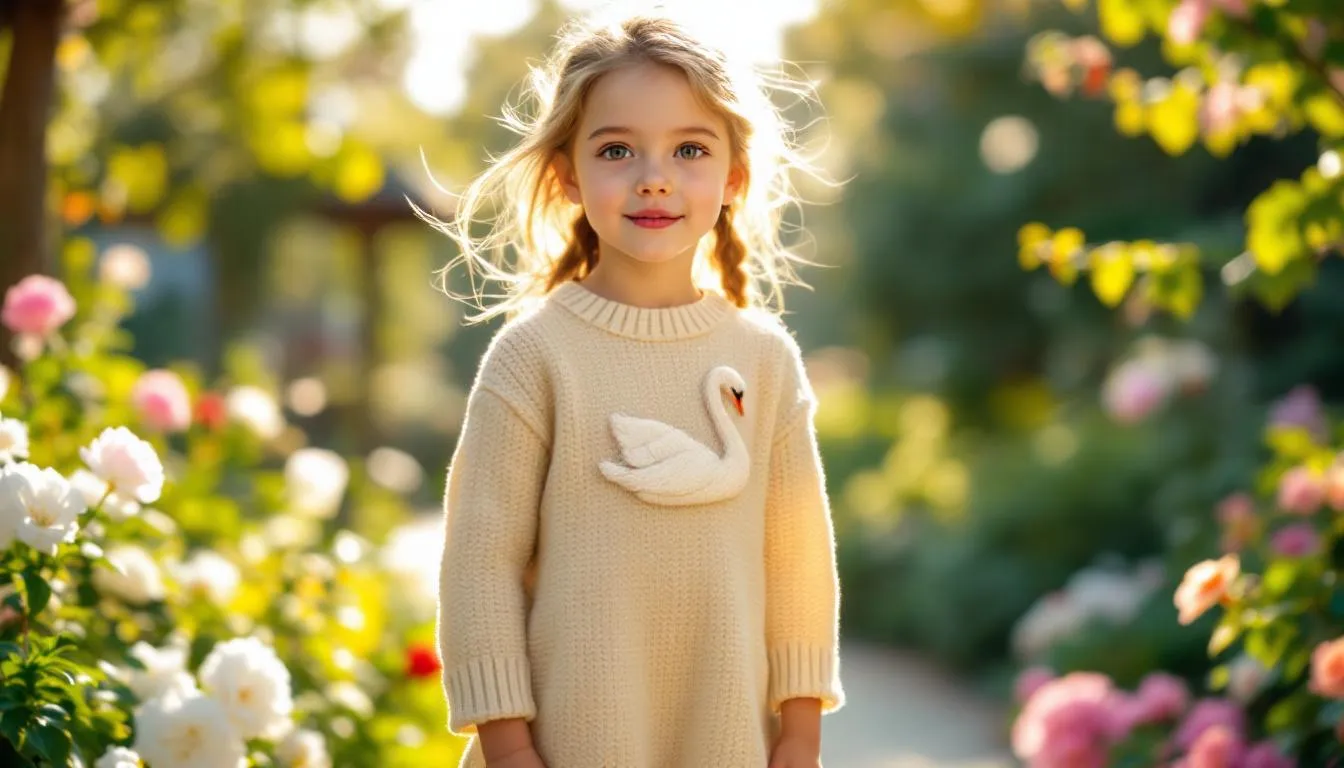 Niña con vestido de lana en jardín
