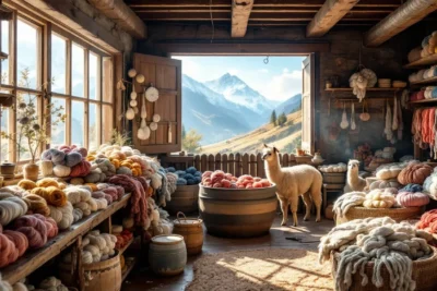 Taller artesanal rústico con lana teñida natural
