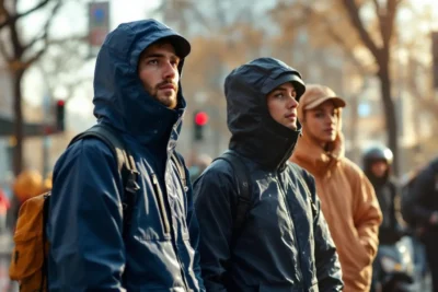 Personas con ropa protectora moderna en ciudad