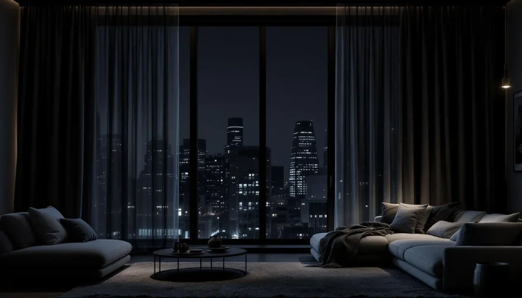 Salón moderno nocturno con cortinas opacas