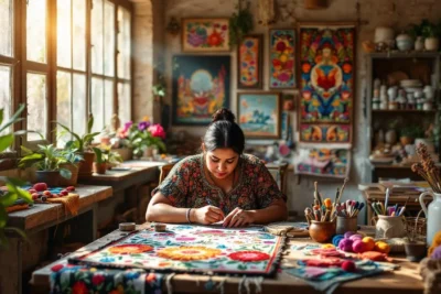 Taller mexicano tradicional con bordados Tenango coloridos