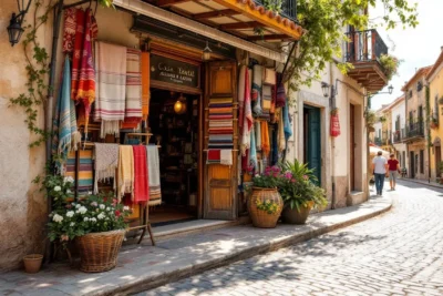 Fachada tradicional tienda textil colorida en pueblo