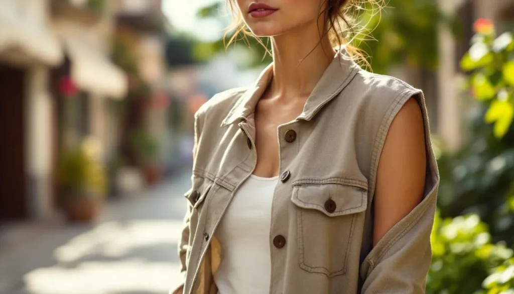 Modelo femenina con chaqueta sin mangas urbana