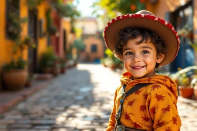 Niño disfrazado de Chavo en barrio mexicano