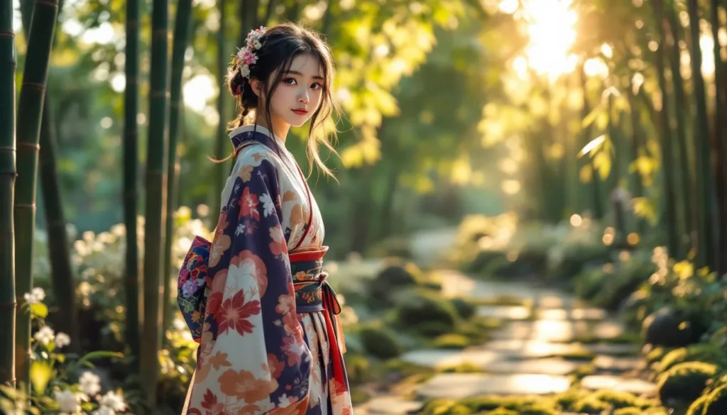 Niña con cosplay de Nezuko en jardín