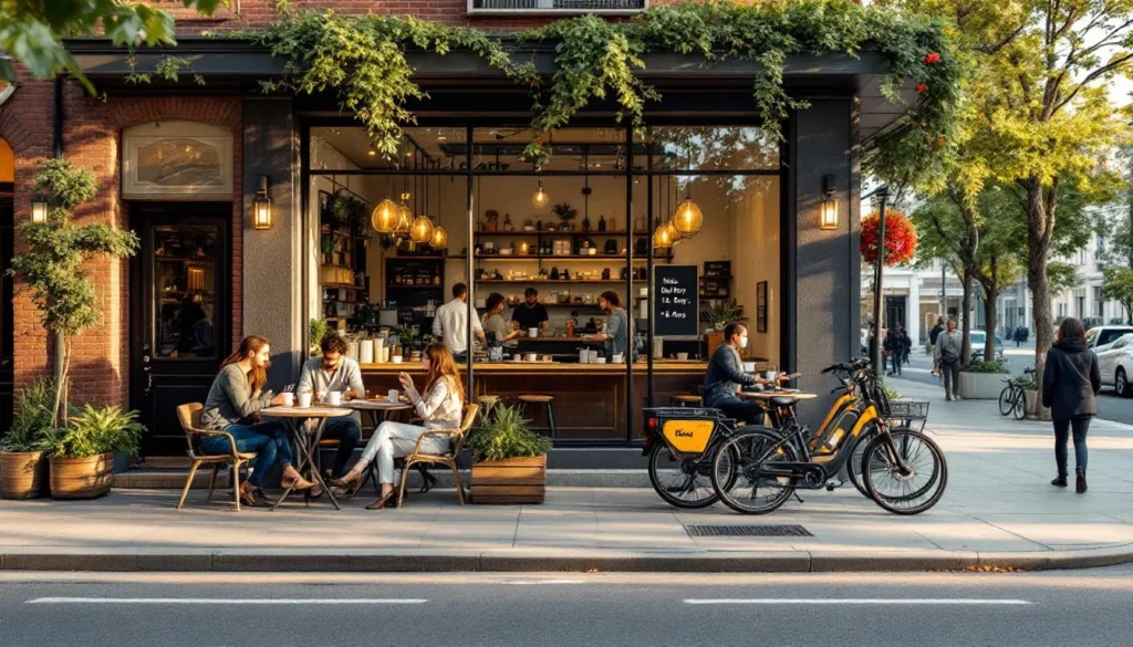 Café moderno con terraza y ambiente urbano