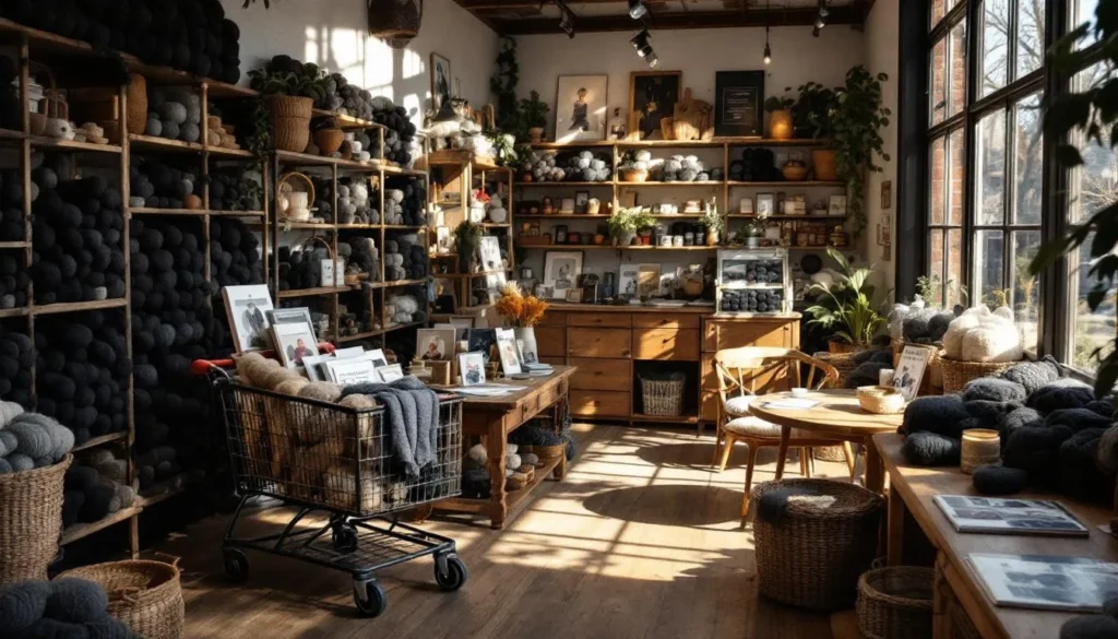 Tienda acogedora de lana artesanal organizada
