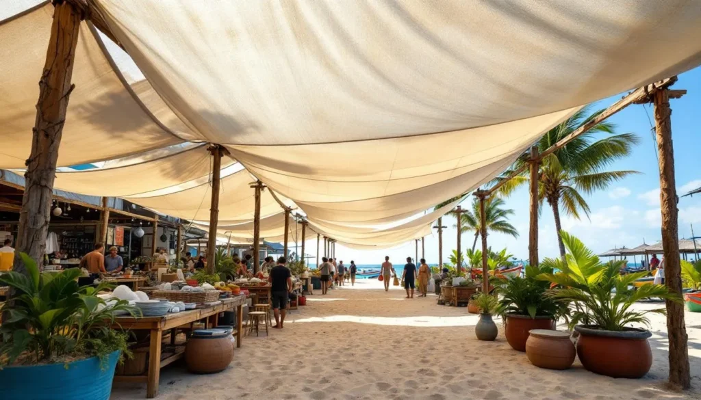 Mercado al aire libre con toldos blancos