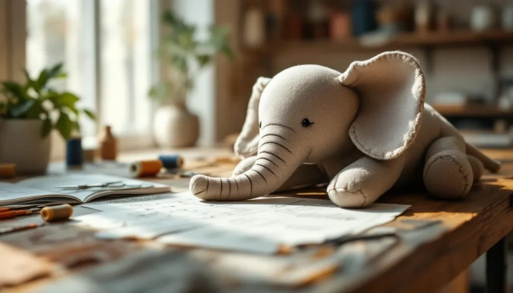 Muñeco elefante de tela artesanal sobre mesa