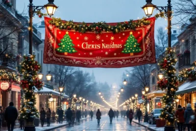 Pendón navideño en calle festiva iluminada
