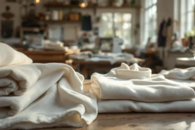 Taller textil acogedor con telas y máquinas