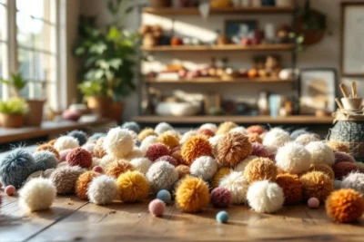 Habitación de manualidades con pompones de lana