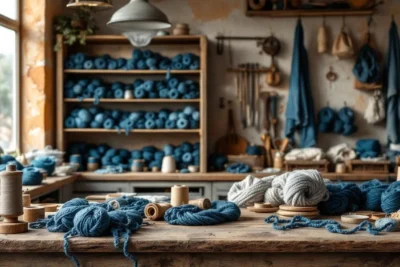 Taller artesanal rústico con hilos azules