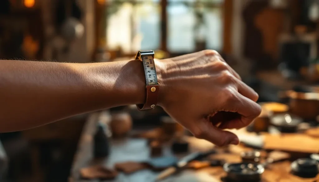 Pulsera artesanal de cinta métrica en muñeca