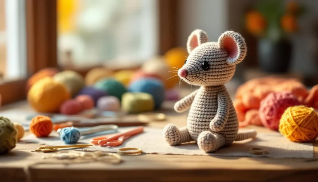 Taller acogedor con ratón amigurumi artesanal