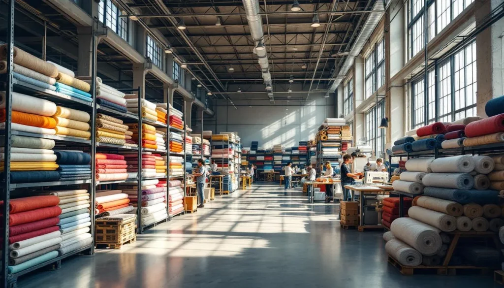 Almacén textil con rollos de tela ordenados