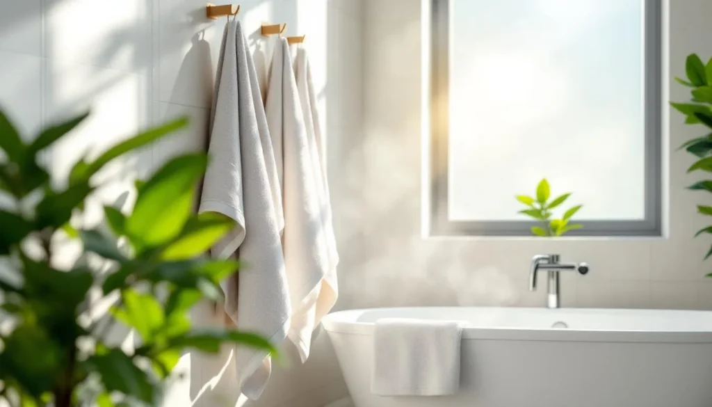 Baño moderno luminoso con toallas suaves