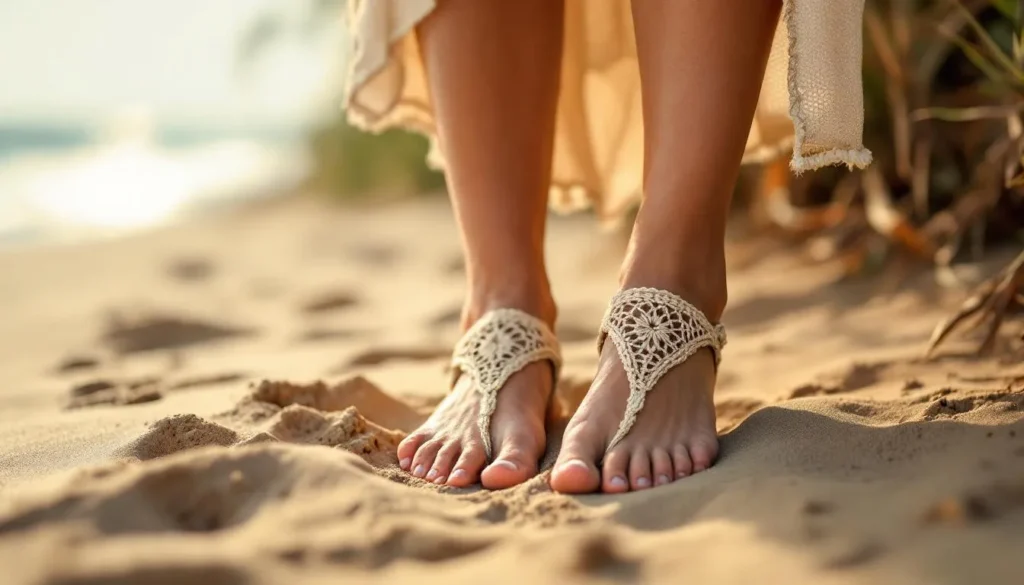 Mujer caminando descalza en playa verano