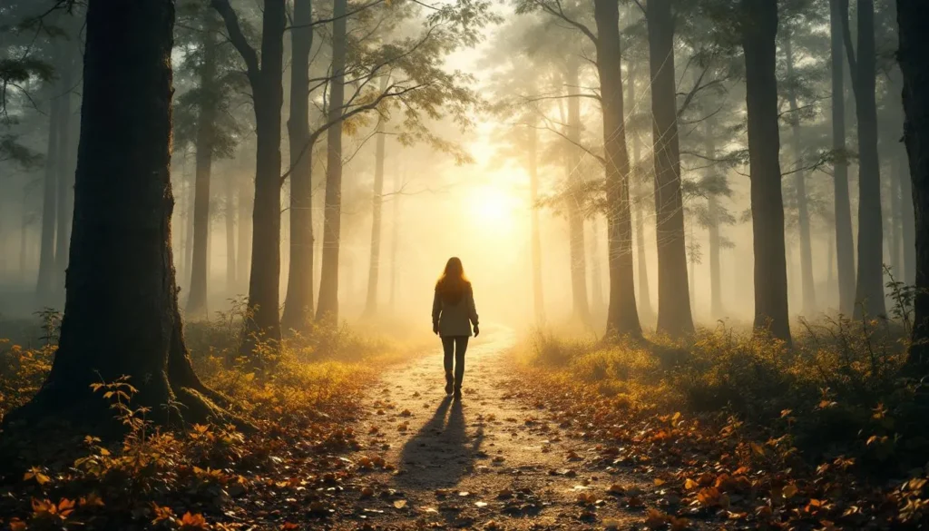 Persona caminando en bosque brumoso amanecer