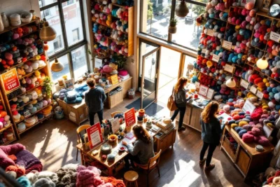 Interior acogedor de tienda de lanas artesanal