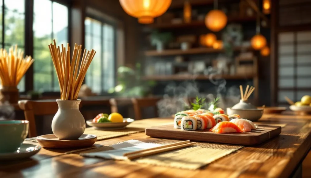 Interior de restaurante japonés con sushi tradicional