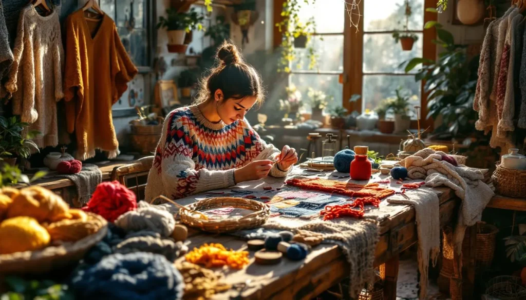 Estudio artesanal iluminado con bordados coloridos