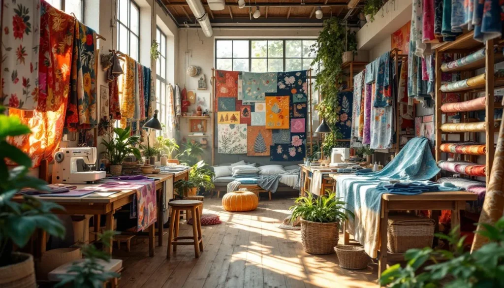 Taller textil vibrante con telas coloridas