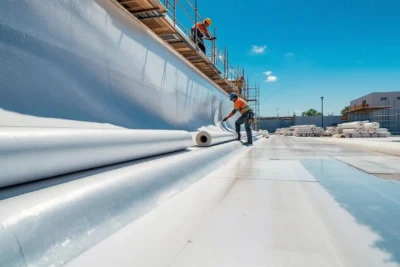 Sitio construcción con membrana impermeabilizante instalada