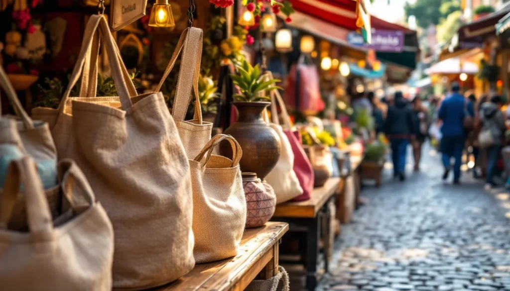 Mercado al aire libre con bolsos coloridos