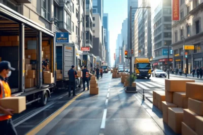 Centro logístico urbano moderno con camiones